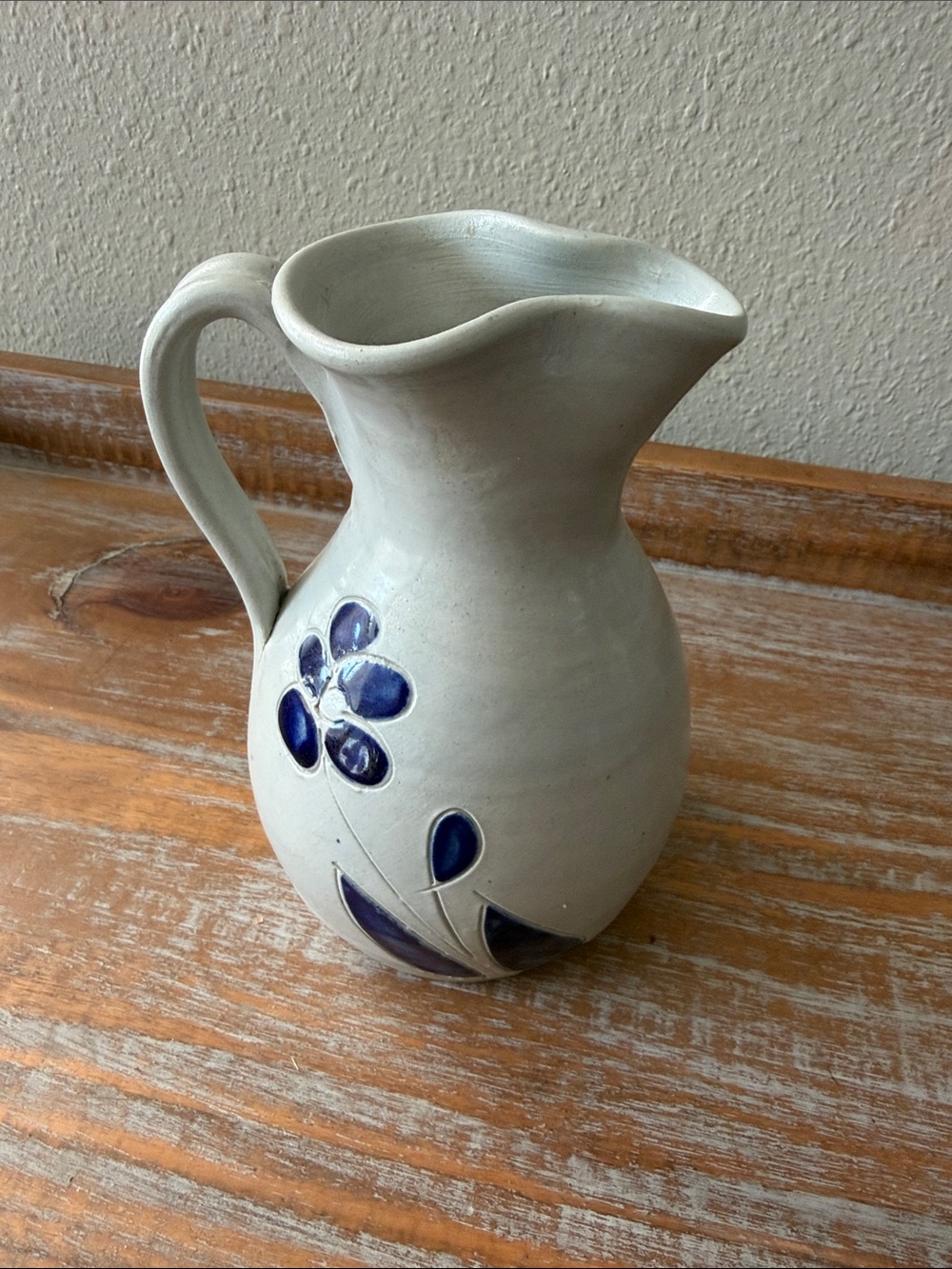 Williamsburg Pottery - Handcrafted Ceramic Pitcher with Blue Floral Accent